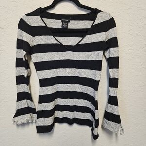 Calvin Klein Grey & Black Stripe Womens Tie Belled Sleeve Sweater M Fits Like S